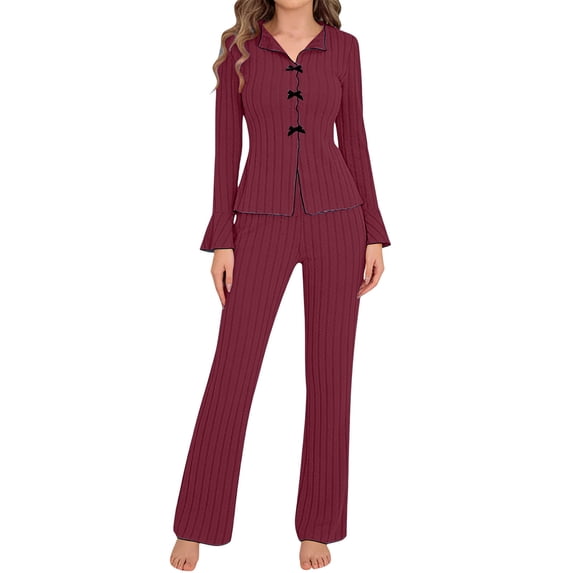 Gamivast Pajama Sets for Women Long Sleeve Button Down & Ruffle Hem Pants Pjs Ribbed Soft Comfy Sleepwear Cute Bow Knot Nightwear Lounge Matching Sets