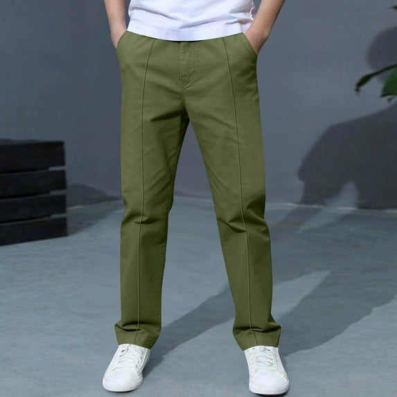 Gamivast Pants for Boys Back to School Straight Leg Lightweight Mid Rise Button Closure Casual Pants with Pockets Full Length Flat Front Chinos Uniform Wear Outfits Army Green 12-14 Years