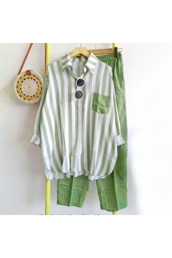 Pants Sets Women 2 Piece Outfits Striped Blouse and Capri Pants Casual Loose Fit Elastic Waist Cropped Pants Summer Office Vacation Wear