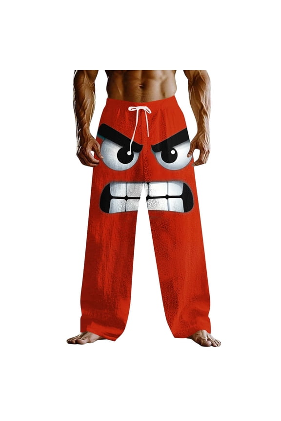 Pants for Men Casual Angry Cartoon Face Print Drawstring Fun Pants Loose Fit Elastic Waist Sweatpants Baggy Novelty Holiday Lounge Trousers