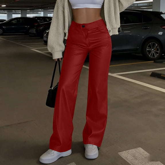 Gamivast Pants for Women Faux Leather Straight Leg Loose Fitted Pant with Pockets High Waist Dressy Bottoms Party Casual Outfits