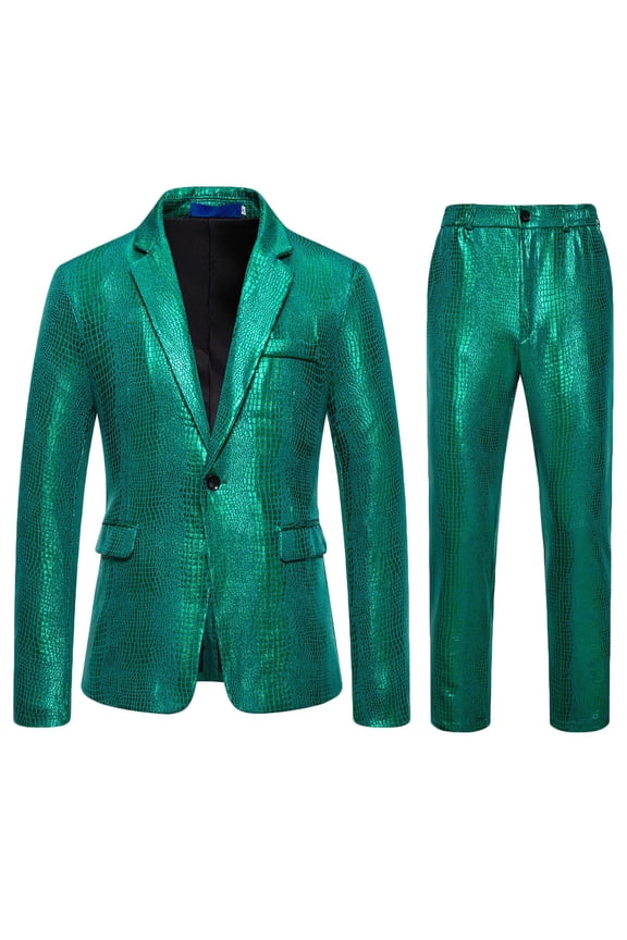 Party Style Mens 2 Piece Set Crocodile Texture Blazer and Trousers Shiny Faux Leather Suit for Night Club Stage Performance Wedding Attire