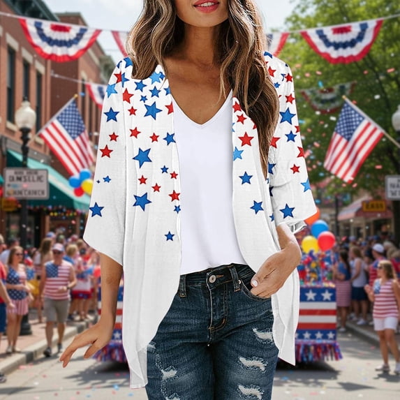 Gamivast Patriotic Cardigans for Women Star Print Open Front 3/4 Sleeve Loose Fit Western Tops Lightweight Kimono Cardigan 3/4 Sleeve Vacation Beach Wear outfits