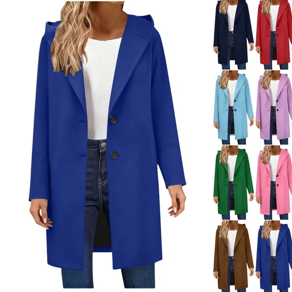 Gamivast Pea Coats for Women Winter Classic Lapel Collar Single Breasted Hooded Trench Coat Wool Long Sleeve Overcoat Casual Work Solid Jackets Fall Fashion Outfits