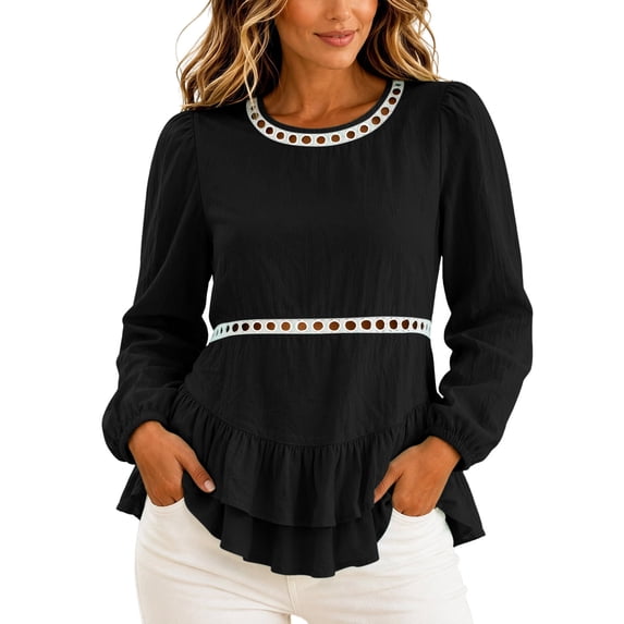 Gamivast Peplum Blouses for Women Plus Size Long Puff Sleeve Casual Tops Eyelet Lace Trim Shirts Crewneck Ruffle Hem Tunic Top Black XL