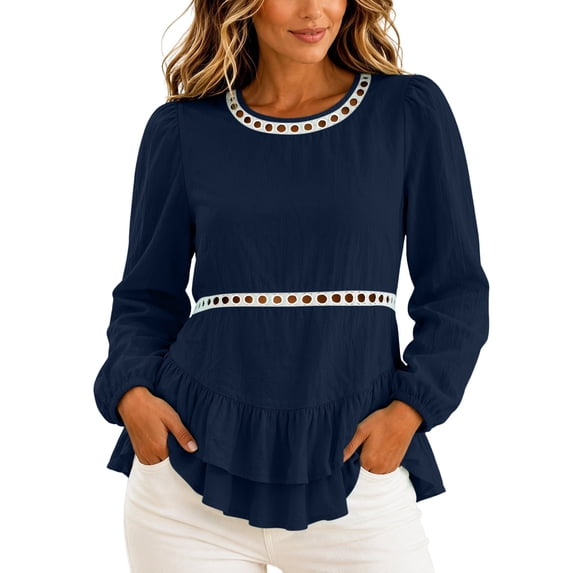 Gamivast Peplum Blouses for Women Plus Size Long Puff Sleeve Casual Tops Eyelet Lace Trim Shirts Crewneck Ruffle Hem Tunic Top Dark Blue XXXL