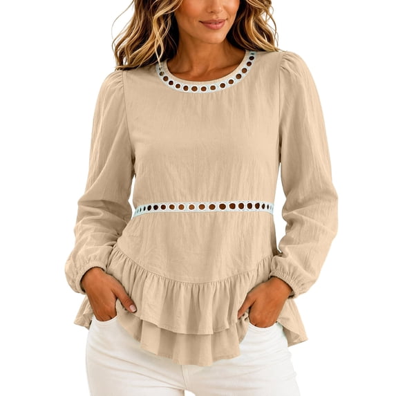 Gamivast Peplum Blouses for Women Plus Size Long Puff Sleeve Casual Tops Eyelet Lace Trim Shirts Crewneck Ruffle Hem Tunic Top Khaki XXXL