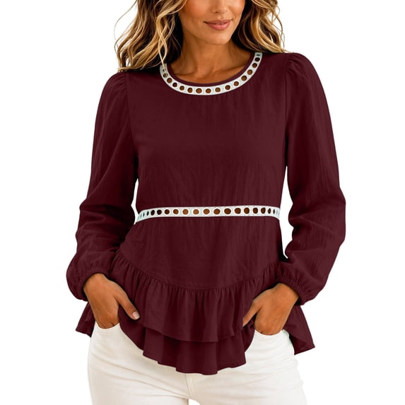 Gamivast Peplum Blouses for Women Plus Size Long Puff Sleeve Casual Tops Eyelet Lace Trim Shirts Crewneck Ruffle Hem Tunic Top Wine XXXL