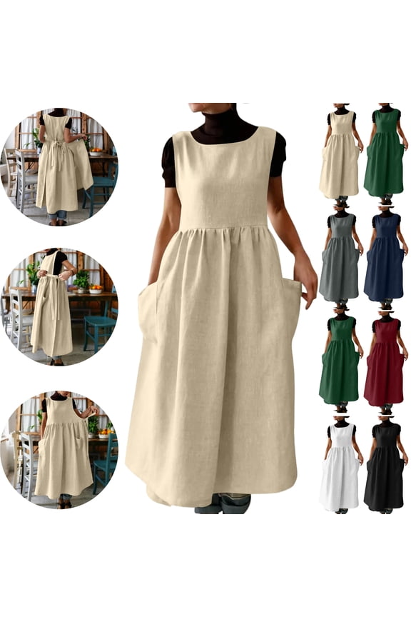 Pinafore Dresses for Women Sleeveless Apron Midi Dress Casual Loose Fit Smock Dress with Pockets Side Tie Layering Overall Jumper Dress Khaki L