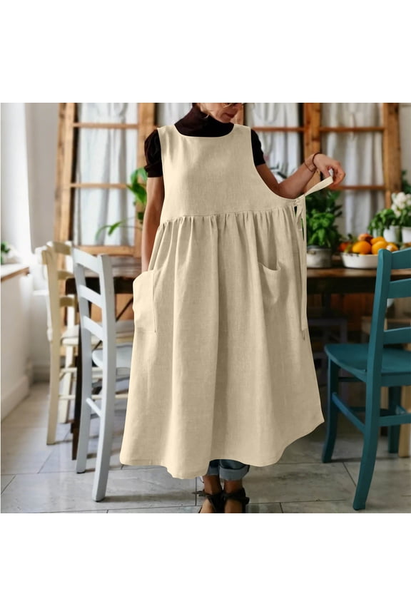 Pinafore Dresses for Women Sleeveless Apron Midi Dress Casual Loose Fit Smock Dress with Pockets Side Tie Layering Overall Jumper Dress Khaki M