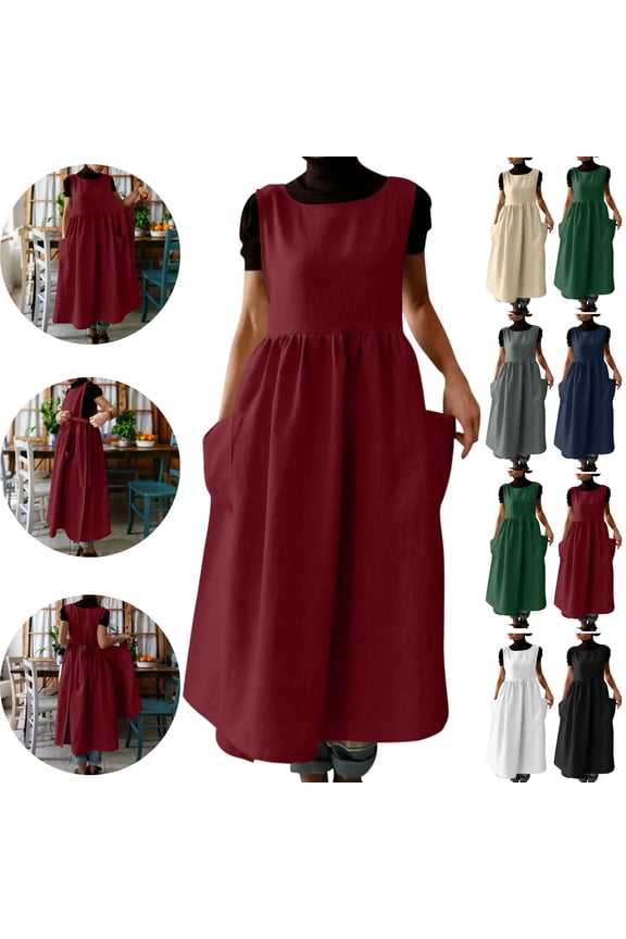 Pinafore Dresses for Women Sleeveless Apron Midi Dress Casual Loose Fit Smock Dress with Pockets Side Tie Layering Overall Jumper Dress Red L