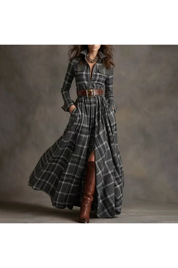 Plaid Dress for Women A-Line Maxi Dress Lapel Long Sleeve Shirt Dresses Plaid Pattern Belted High Waist Flowy Fall Winter Daily Wear