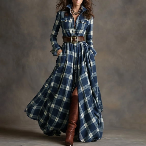 Gamivast Plaid Dress for Women A-Line Maxi Dress Lapel Long Sleeve Shirt Dresses Plaid Pattern Belted High Waist Flowy Fall Winter Daily Wear