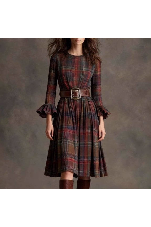 Plaid Dress for Women Elegant Midi Dress Round Neck Flare Sleeve Vintage Dress Belted Plaid Pattern Pleated Hem Daily Office Party
