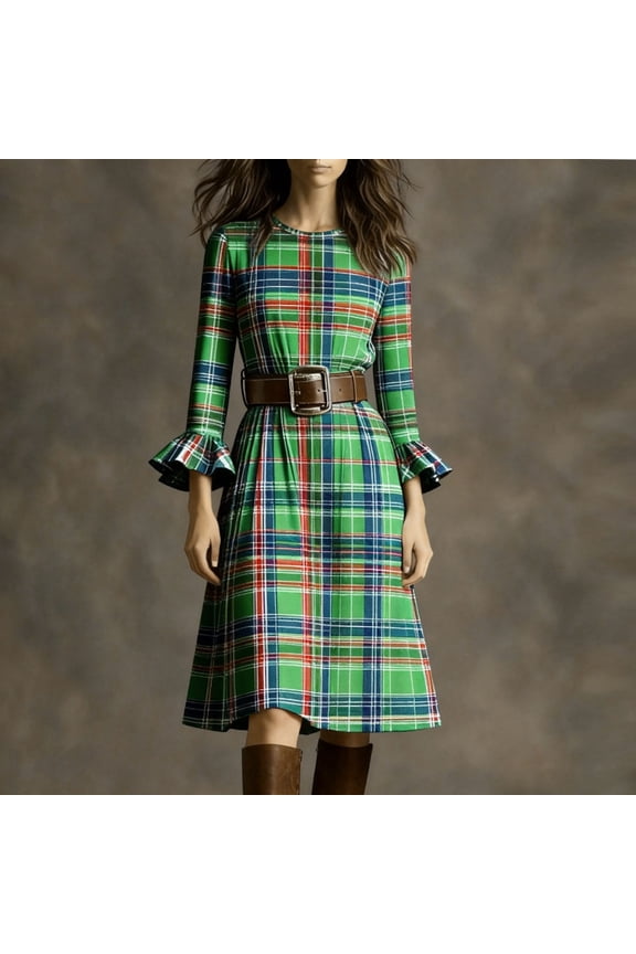 Plaid Dress for Women Elegant Midi Dress Round Neck Flare Sleeve Vintage Dress Belted Plaid Pattern Pleated Hem Daily Office Party