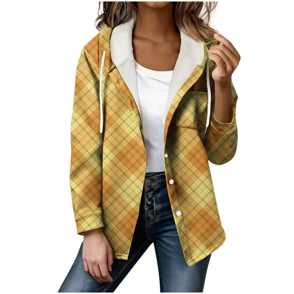 Gamivast Plaid Jackets for Women Trendy Hooded Button up Coat Lightweight Long Sleeve Casual Shacket Jacket Holiday Travel Outerwear with Chest Pocket