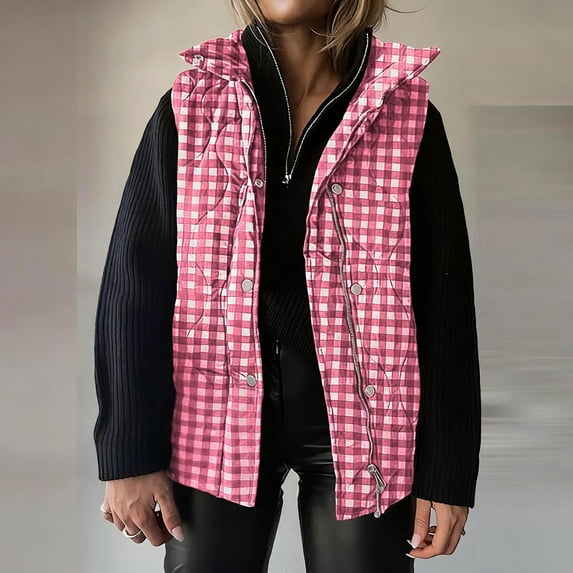 Gamivast Plaid Quilted Vest for Women Lightweight Padded Stand Collar Sleeveless Jackets Fall Winter 2025 Button Zip up Coat Warm Side Split Outerwear with Pockets