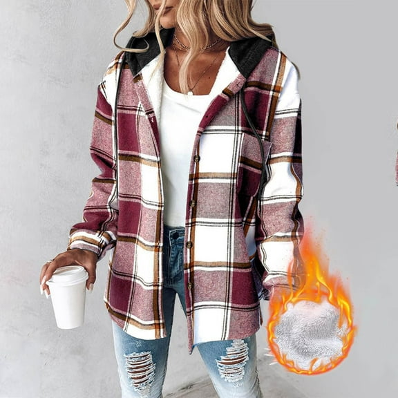 Gamivast Plaid Shacket Jackets Women Fleece Plaid Oversized Hooded Button Down Coats with Pockets Casual Long Sleeve Drop Shoulder Tops Outerwear Fall Fashion Outfits