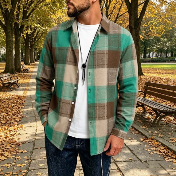 Gamivast Plaid Shirt Jacket for Men Button Down Long Sleeve Collared Loose Fit Flannel Shacket for Casual Work Outdoor Travel and Everyday Layering Green S