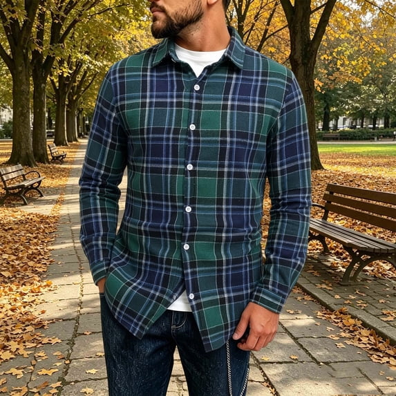 Gamivast Plaid Shirt for Men Long Sleeve Button Down Collared Loose Fit Flannel Shacket for Casual Work Outdoor Travel and Everyday Layering Navy XL