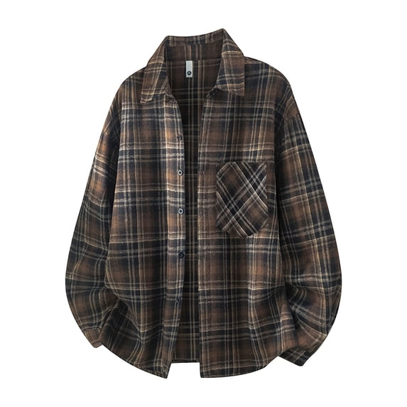 Gamivast Plaid Shirts for Men-Oversized Long Sleeve Button Down Shirt with Pockets Fall Collared Flannel Shirts Fall Jackets Brown XXL