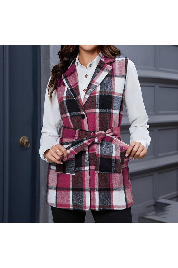 Plaid Vest for Women Long Sleeveless Jacket with Tie Belt Lapel Collar Casual Fall Winter Duster Cardigan Outerwear Tops for Office Everyday Wear Hot Pink XXL