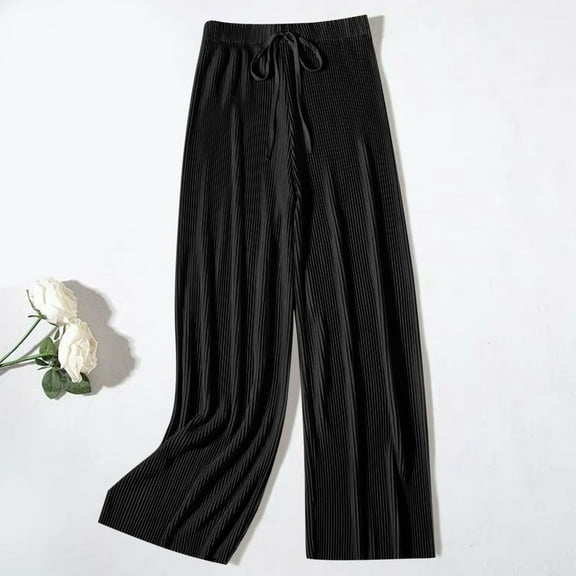 Gamivast Pleated Dress Pants Women Lounge Loose Straight Leg Elastic Waist Pants Casual Work Drawstring Solid Trousers Fall Comfortable Pajama Pant