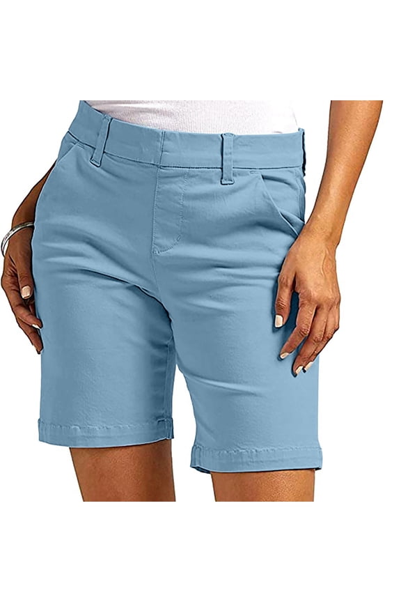 Plus Size Bermuda Shorts for Women Stretch Button Zip Front Shorts with Pockets Tailored Fit Twill Mid Rise Knee Length Casual Shorts Summer Office Travel Bottoms Daily Wear Blue M