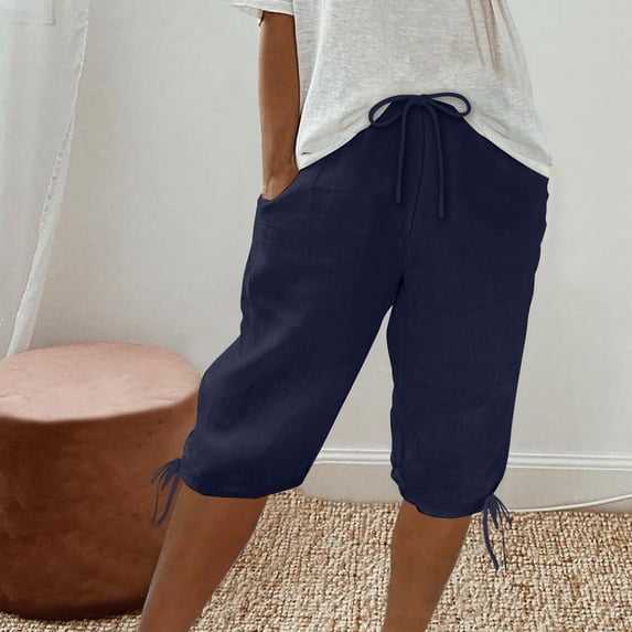 Gamivast Plus Size Capri Pants for Women Relaxed Fit Drawstring Cropped Pants with Pockets Elastic Waist Adjustable Tie Hem Casual Summer Lounge Travel Beach Pull on Capris Blue XXL