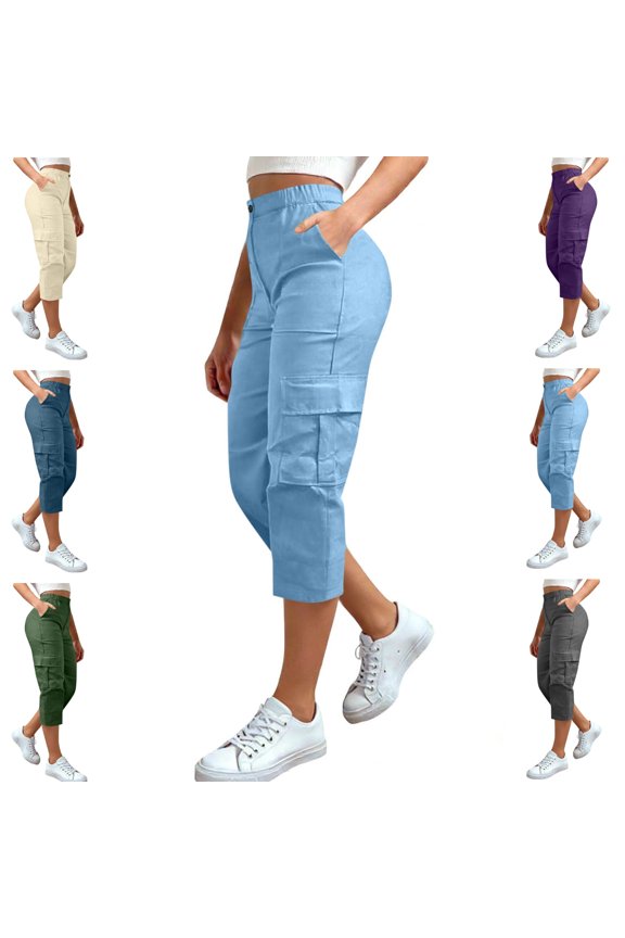 Plus Size Capris Pants for Women High Waisted Cargo Pockets Hiking Pants Stretchy Summer Cropped Pants Outdoor Walking Knee Length Shorts Casual Work