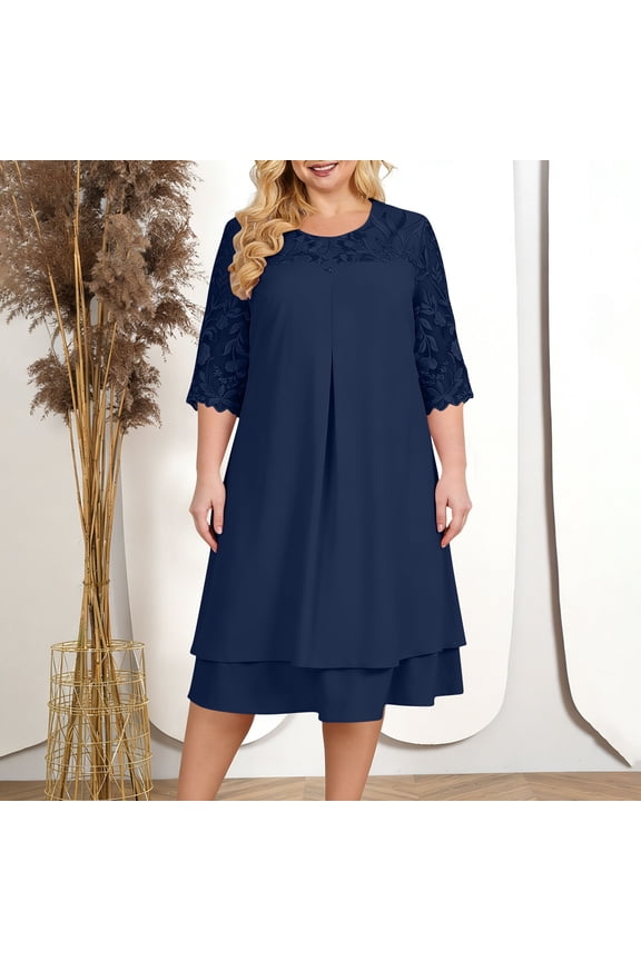 Plus Size Dresses for Women Lace Chiffon Midi Dress Round Neck Layered Wedding Guest Cocktail Party Church Dress Elegant Evening Wear Navy XL