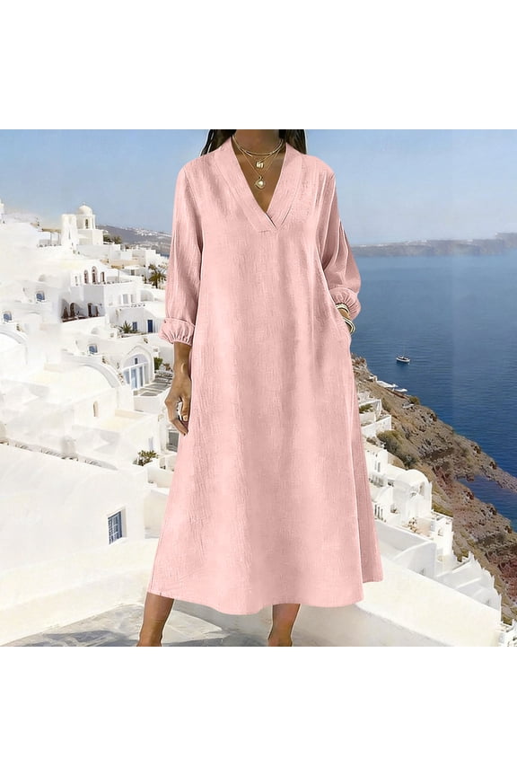 Plus Size Dresses for Women Linen V-Neck Maxi Dress Long Sleeve Loose Fit Caftan Dress with Pockets Casual Boho Lounge Beach Vacation Long Sundress Pink M
