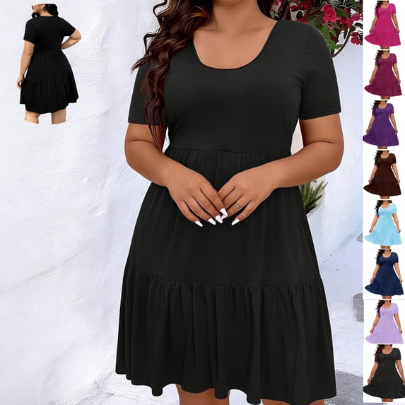 Gamivast Plus Size Dresses for Women Short Sleeve Scoop Neck Tiered Babydoll Dress Flowy Mini Swing Dress Casual Summer Beach Vacation Cute Dress Black XL