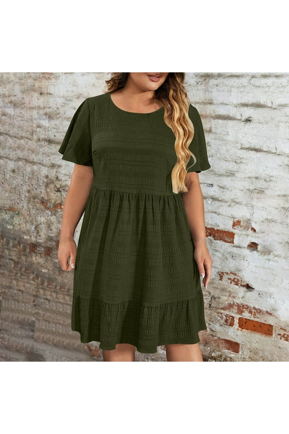 Plus Size Dresses for Women Loose Fit Short Flutter Sleeve Casual Summer Dresses Crew Neck Smocked Bodice Flowy Midi Dress Tiered Hemline