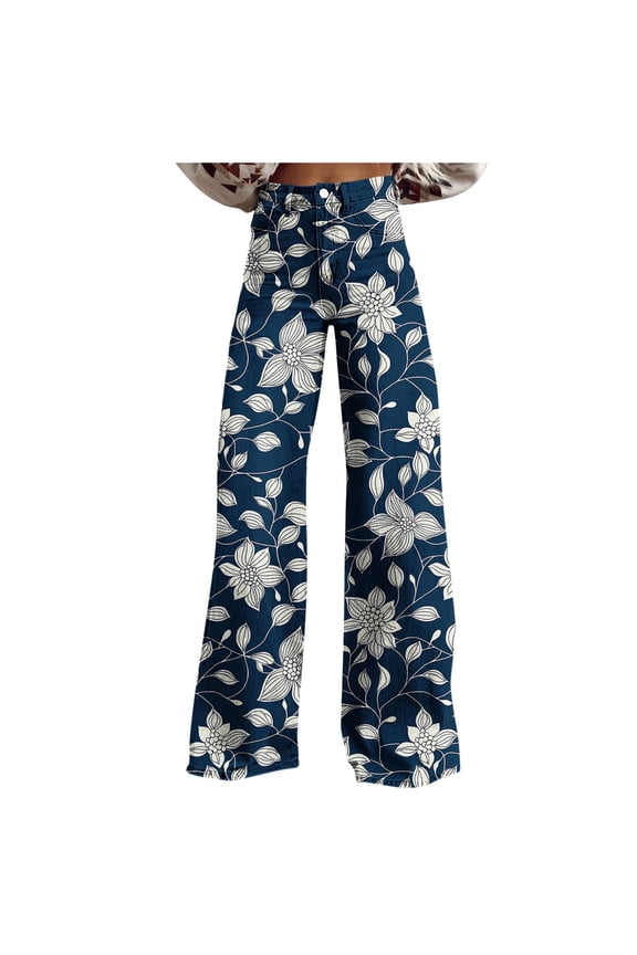 Plus Size Floral Pants Women High Waist Button Fly Daisy Flower Print Denim Pants Straight Leg Wide Leg Pants Breathable Soft Comfy Retro 70S Party Wear