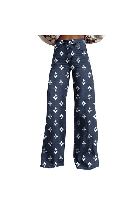 Plus Size Floral Pants Women High Waist Button Fly Daisy Flower Print Denim Pants Straight Leg Wide Leg Pants Breathable Soft Comfy Retro 70S Party Wear
