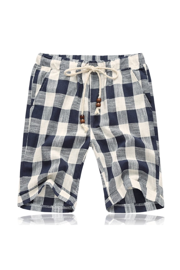 Plus Size Linen Shorts for Men Plaid High Waisted Lightweight Elastic Waist Shorts with Pockets Relaxed Fit Drawstring Lounge Bermuda Beach Shorts Vacation Casual Summer Bottoms Blue L