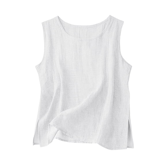 Gamivast Plus Size Linen Tank Tops for Women Round Neck Sleeveless Vacation Beach Wear Boho Style Shirts Relaxed Fit Solid Pattern Split Hem Detail Lightweight Flowy Summer Tees