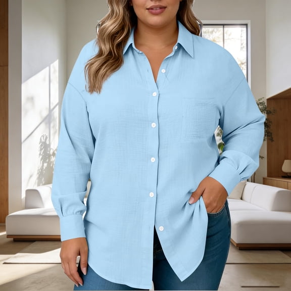 Gamivast Plus Size Long Sleeve Linen Shirt Women Button Down Loose Fittedlapel Collar Solid Blouses With Chest Pocket Office Casual Spring outfits