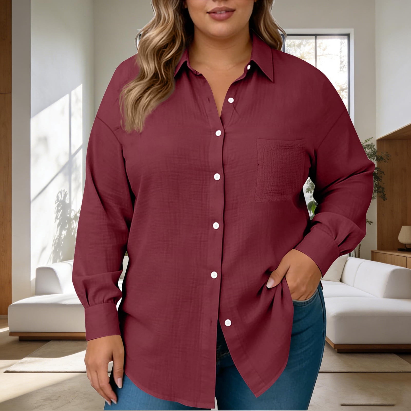 Gamivast Plus Size Long Sleeve Linen Shirt Women Button Down Loose ...