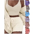 thumbnail image 1 of Gamivast Plus Size Pajamas for Women Set Fuzzy Fleece Hooded Open Front Cardigan V Neck Crop Tank Tops and Sherpa Shorts Comfy Elastic Waist Drawstring Shorts 3 Piece Outfits, 1 of 4