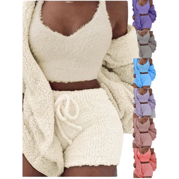 Gamivast Plus Size Pajamas for Women Set Fuzzy Fleece Hooded Open Front Cardigan V Neck Crop Tank Tops and Sherpa Shorts Comfy Elastic Waist Drawstring Shorts 3 Piece Outfits