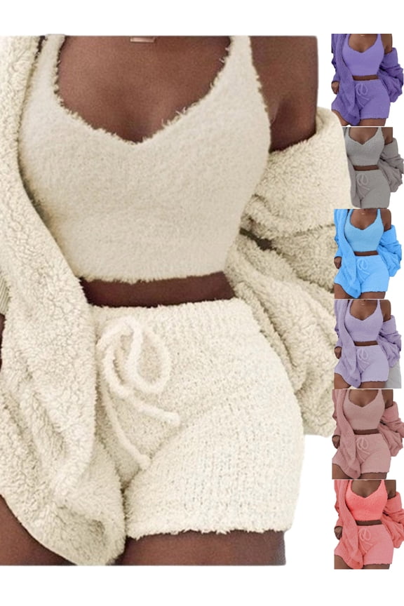 Plus Size Pajamas for Women Set Fuzzy Fleece Hooded Open Front Cardigan V Neck Crop Tank Tops and Sherpa Shorts Comfy Elastic Waist Drawstring Shorts 3 Piece Outfits