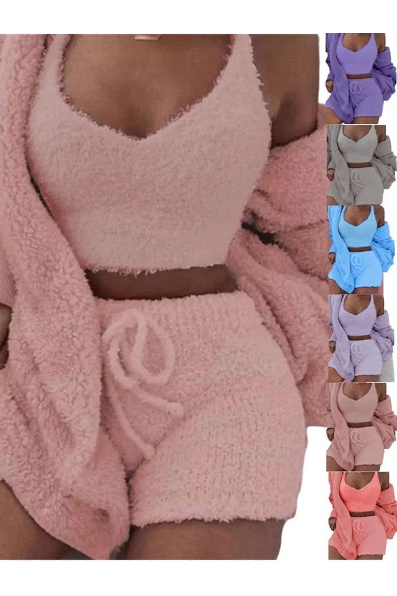 Plus Size Pajamas for Women Set Fuzzy Fleece Hooded Open Front Cardigan V Neck Crop Tank Tops and Sherpa Shorts Comfy Elastic Waist Drawstring Shorts 3 Piece Outfits