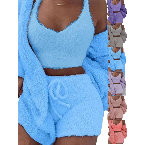 Gamivast Plus Size Pajamas for Women Set Fuzzy Fleece Hooded Open Front Cardigan V Neck Crop Tank Tops and Sherpa Shorts Comfy Elastic Waist Drawstring Shorts 3 Piece Outfits