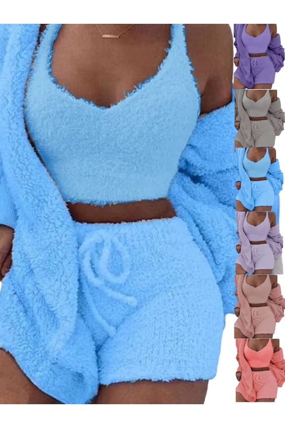 Plus Size Pajamas for Women Set Fuzzy Fleece Hooded Open Front Cardigan V Neck Crop Tank Tops and Sherpa Shorts Comfy Elastic Waist Drawstring Shorts 3 Piece Outfits