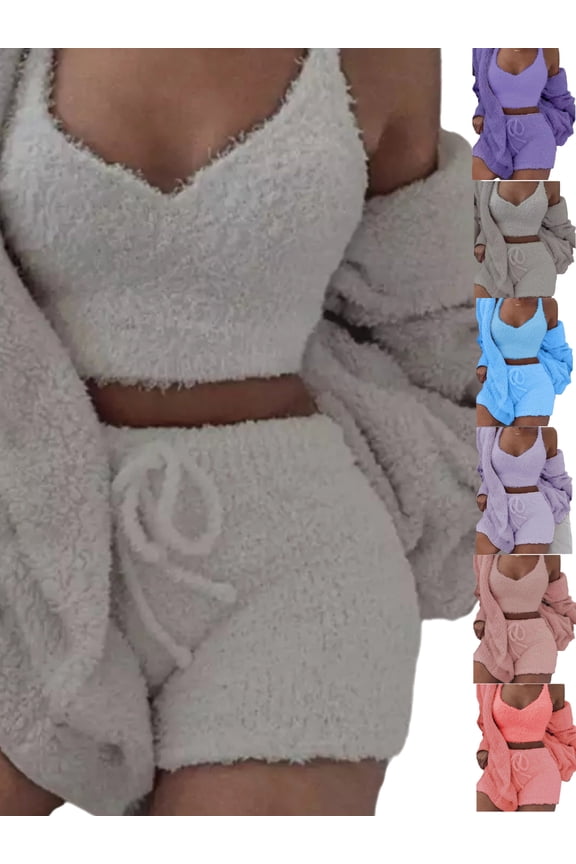 Plus Size Pajamas for Women Set Fuzzy Fleece Hooded Open Front Cardigan V Neck Crop Tank Tops and Sherpa Shorts Comfy Elastic Waist Drawstring Shorts 3 Piece Outfits
