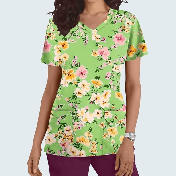 Gamivast Plus Size Scrubs for Women Pink Floral Print V-Neck Short Sleeve Scrub Tops for Women Breathable Soft Stretch Nursing Scrubs Two Pockets Medical Wear