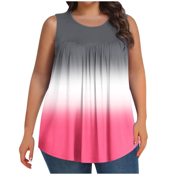 Gamivast Plus Size Tank Tops for Women Oversized Gradient Crewneck Blouses Holiday Sleeveless Ruched Lounge Shirts Comfy Summer Vacation Tops