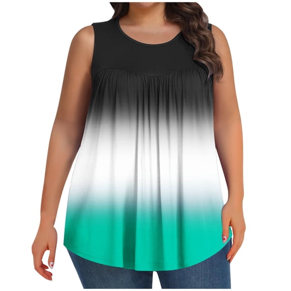 Gamivast Plus Size Tank Tops for Women Oversized Gradient Crewneck Blouses Holiday Sleeveless Ruched Lounge Shirts Comfy Summer Vacation Tops